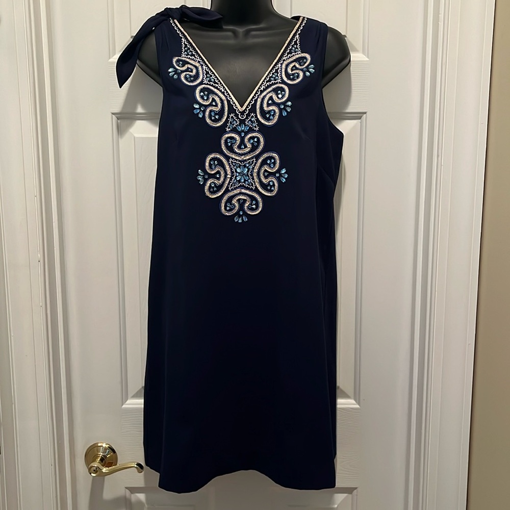 Lilly Pulitzer Penelope Navy dress . Embroidered jeweled neck line. Size 4.